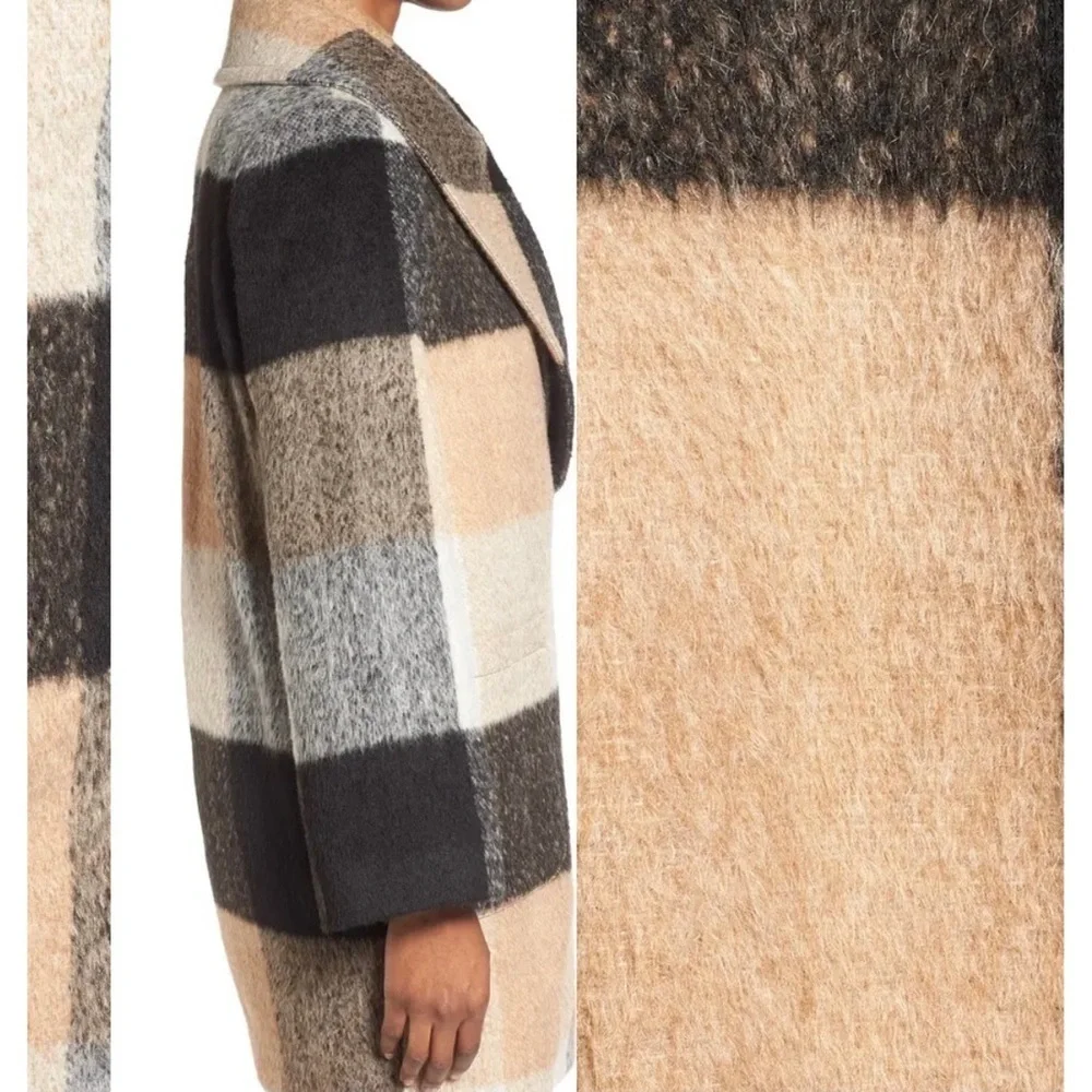 BADGLEY MISCHKA 'Maxine' Plaid Longline Wool Coat, tan/black/white